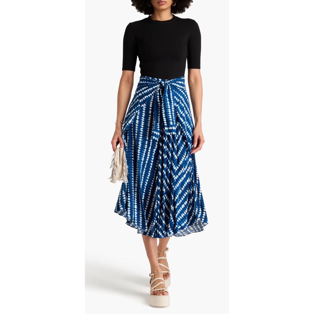 Maje Shirt Dress Blue Tie Dye Asymmetric Skirt Black Jersey Top New